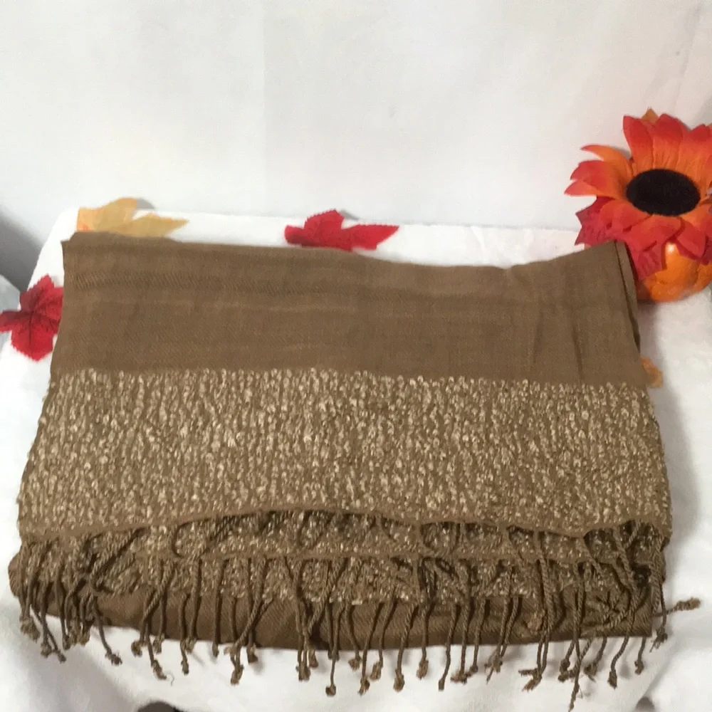 Woman’s beautiful light brown dark tan shawl scarf 100% viscose. Made in India